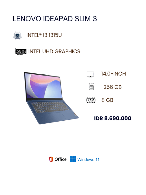 LENOVO IdeaPad Slim 3 14IRU8-82X6005LID Intel Core i3-1315U 8GB 256GB W11 HOME + OHS 2024 + Microsoft 365 Basic Abyss Blue + Tas